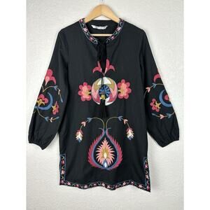 Zara Embroidered Tunic Dress Black Floral Sz XS Knee‎ Length NWOT Boho Festival